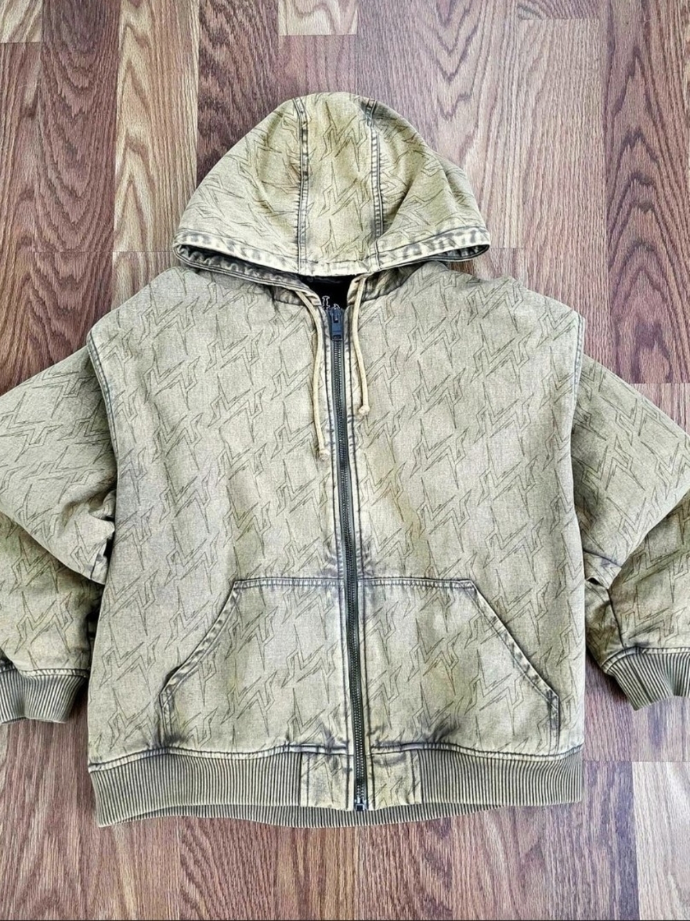Unknown London Carrhart Style Monogram Zip-Up Hooded Jacket in Khaki